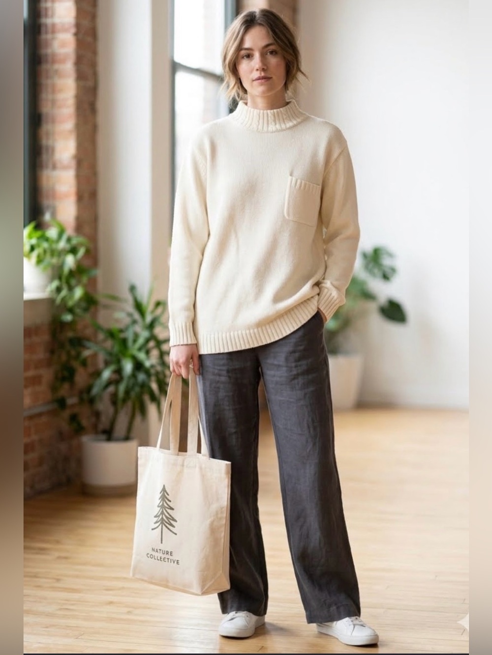 Cream Mock Turtleneck Sweater M with Ribbed Detail Relaxed Knit Vintage